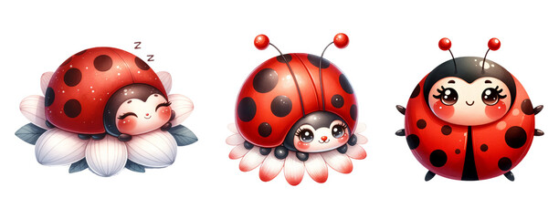Fototapeta premium Cute Ladybug set. Playful Ladybug Clipart, Watercolor Insect, Sleepy Ladybugs and Blossoms. 