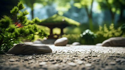 A peaceful Zen garden with carefully raked gravel,