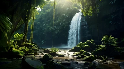 Foto auf Glas A secluded waterfall hidden within a lush rainforest, © Visual Aurora