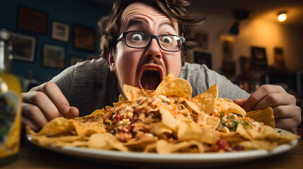 A someone enjoying a crunchy order of nachos,