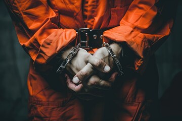 A person wearing an orange prison uniform is handcuffed showcasing a theme of crime and justice