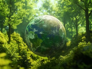 Obraz na płótnie Canvas Planet Earth majestically floats among the trees in a vibrant green forest, symbolizing nature's harmony.