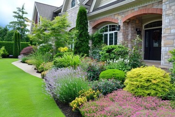 A beautifully landscaped garden with vibrant plants and flowers in front of an elegant stone house