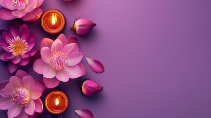 Serene Lotus Flowers and Candles on Purple for Spa and Diwali Celebration.