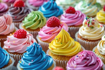 Many different colored delicious cupcakes