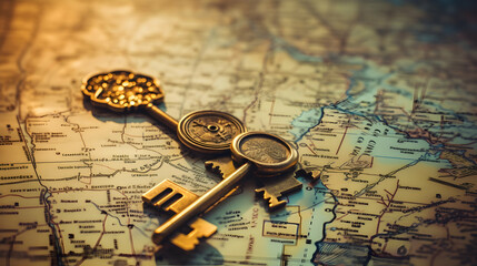 Antique keys arranged on an aged map,