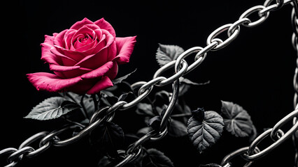 Red rose trapped in chains. Amnesty - Powered by Adobe