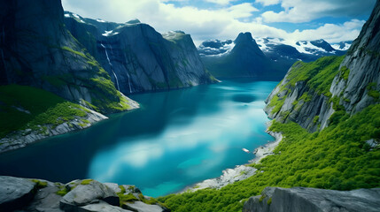 Breathtaking fjords of Norway, where emerald waters meet towering cliffs,