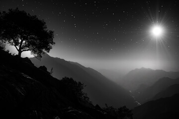 Naklejka premium Blick auf die Berge mit Mond und Sternen