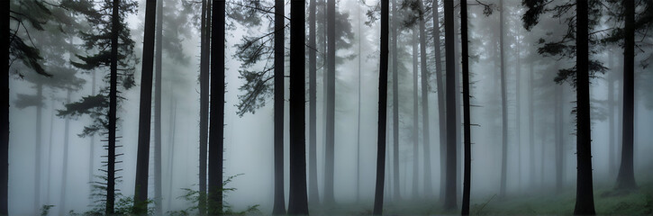 A misty morning with tall trees in a valley surrounded by dense fog. ai generative
