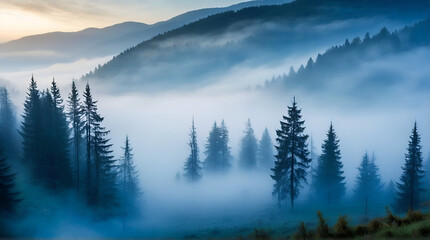 A misty morning with tall trees in a valley surrounded by dense fog. ai generative - obrazy, fototapety, plakaty