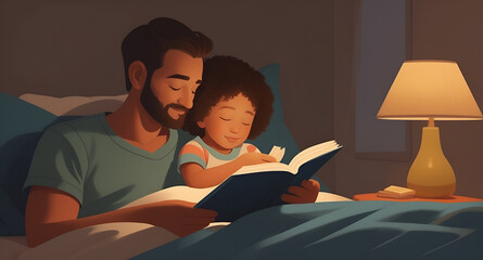 Illustration about, A parent reading a bedtime story to their child, evoking warmth, comfort, and parental love . ai generative - obrazy, fototapety, plakaty