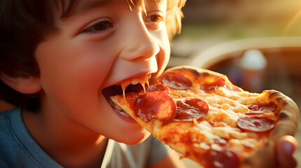 Close-up of a child biting into a delicious and cheesy slice of pepperoni pizza,