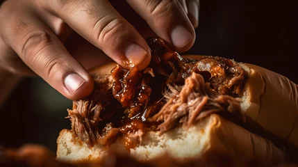 Tuinposter Close-up of a person biting into a delectable BBQ pulled pork sandwich, © Visual Aurora