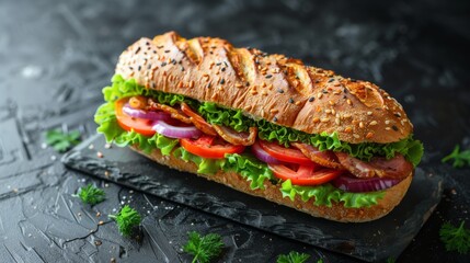Classic subway sandwich, isolated on dark slate background. - obrazy, fototapety, plakaty