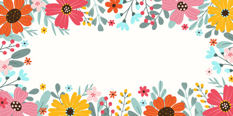 Fototapeta na wymiar Spring or summer rectangular festive illustration on white background with place for text in flat style. Hand drawn big colorful flowers, herbs. Vector cover design template.