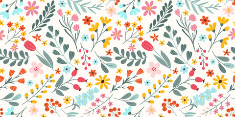 Seamless pattern with hand drawn various blooming spring flowers and leaves on white background in flat vector style. For textile, wallpaper, wrapper.