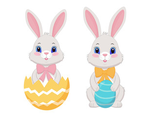 Obraz premium Easter bunny, in a flat style character, on a white background, bunny with an Easter egg