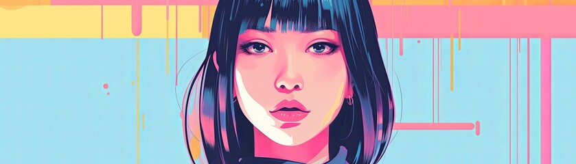 A striking digital portrait of a woman with an intense gaze, featuring bold pop art colors and graphic elements.