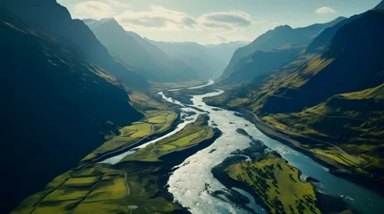 Foto op Aluminium Drone perspective of a winding river cutting through majestic mountains, © Visual Aurora