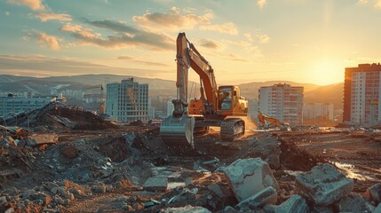 Big excavator on new construction site, in the background the blue sky and sun - obrazy, fototapety, plakaty