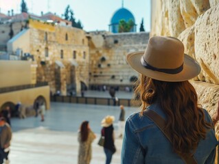 A female traveler in a hat gazes at the Western Wall in Jerusalem, symbolizing cultural appreciation and spiritual reflection. - obrazy, fototapety, plakaty