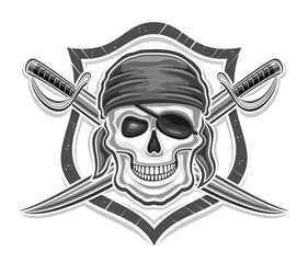 Vector logo for Pirate Skull, decorative poster with illustration of wicked smiling pirate skull in grey bandana and crossed sword for esport team, mascot for children pirate party on white background