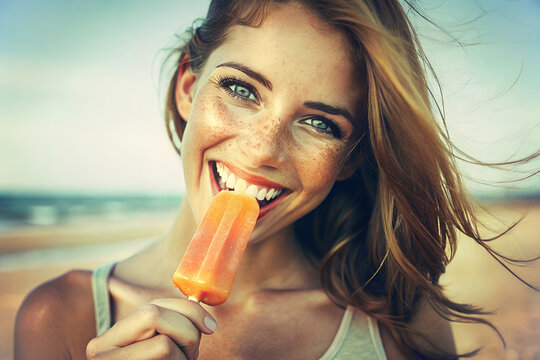 Linda mujer sonriente en la playa. Imagen de una chica comiendo un helado de hielo. Mujer tomando el sol en la playa con un helado de hielo. 