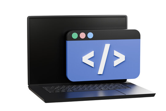 3D Computer laptop pc and programing code development popup icon. Web coding concept. Website programming engineering language. Cartoon creative design icon isolated on white background. 3D Rendering.