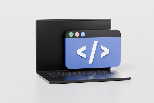 3D Computer laptop pc and programing code development popup icon. Web coding concept. Website programming engineering language. Cartoon creative design icon isolated on white background. 3D Rendering.