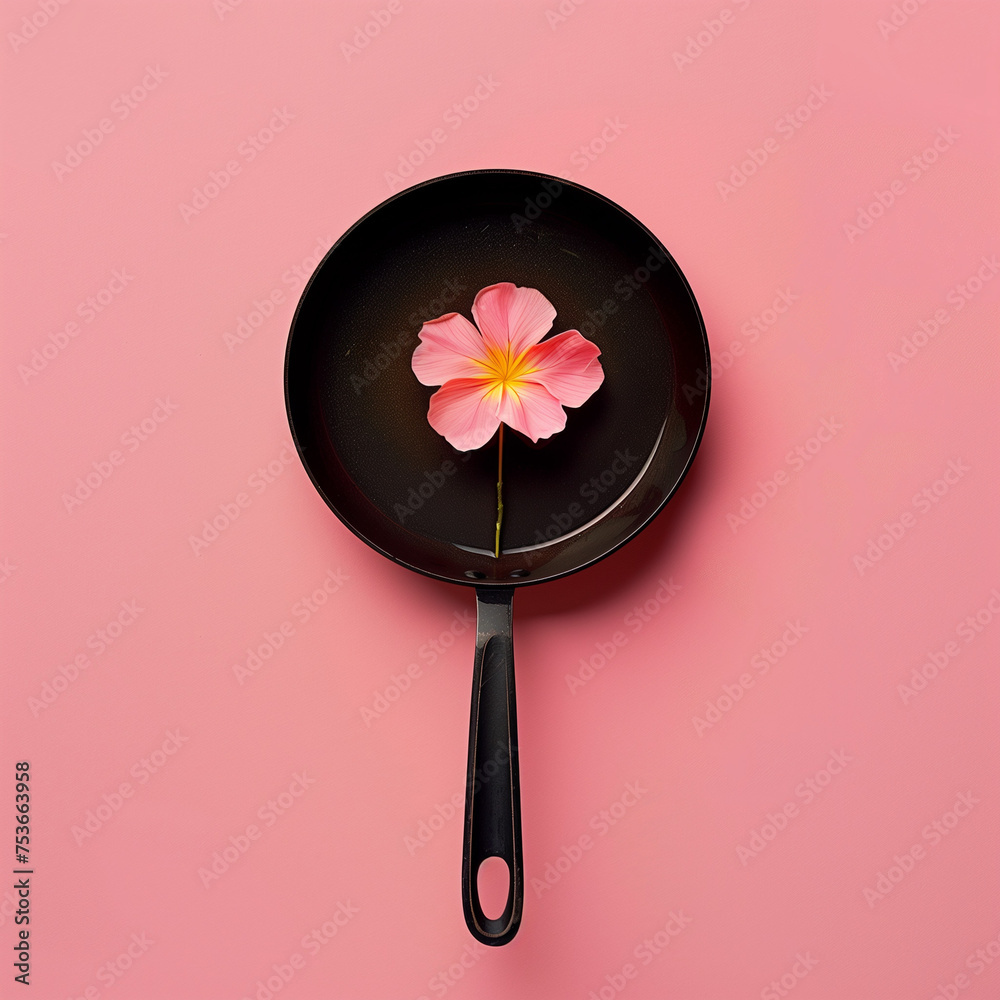 Wall mural Creative concept with spring flowers frying in pan on pastel pink background. Minimal nature flat lay. Spring concept