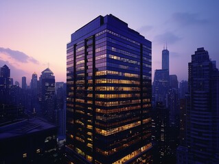 A modern office building soaring above the city skyline