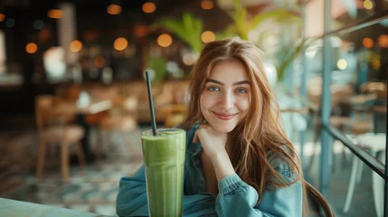 Foto op Plexiglas Girl enjoying a fresh smoothie at a vibrant health bar. © tiagozr
