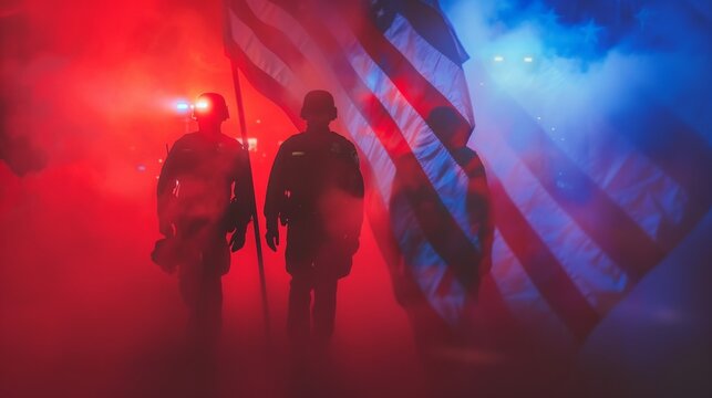Policemen with US national flag