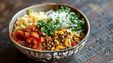 koshari dish with lentils, rice, pasta, and spicy tomato sauce