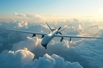 Unmanned combat aerial vehicle (UCAV) flying in the sky above the clouds