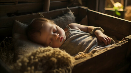 Newborn peacefully sleeping in a rustic wooden crate,