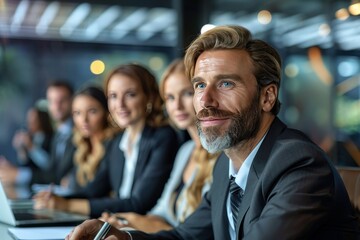 A group of well-dressed business professionals discuss ideas with a laptop present in a meeting