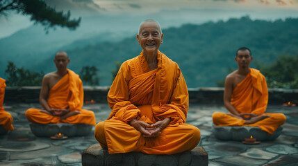 Fototapeta premium A Buddhist lama smiling while sitting in the lotus position, with his disciples behind him