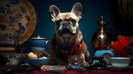 Premium pet accessories arranged in a playful setting - obrazy, fototapety, plakaty
