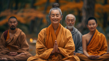 A woman Buddhist lama smiles while sitting in the lotus position, with his disciples behind her - obrazy, fototapety, plakaty