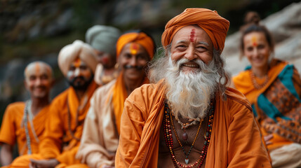 An Indian guru smiles while sitting in the lotus position, with his disciples behind him - obrazy, fototapety, plakaty