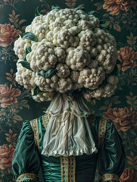 anthropomorphic woman with a cauliflower head wearing Victorian renaissance clothes.  absurd creepy image