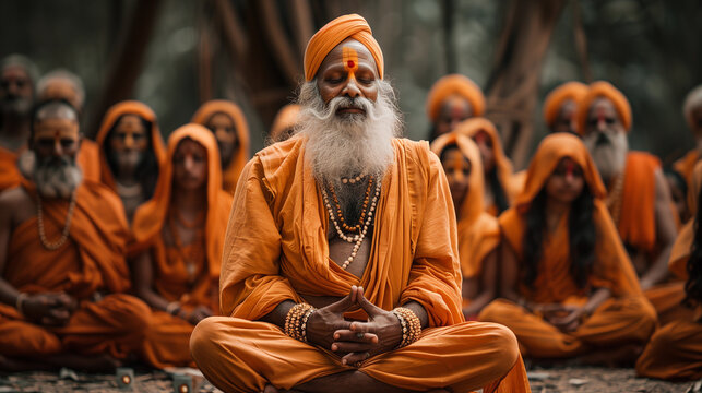 An Indian guru sitting in the lotus position, with his disciples behind him