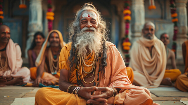 An Indian guru smiles while sitting in the lotus position, with his disciples behind him