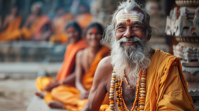 An Indian guru smiles while sitting in the lotus position, with his disciples behind him