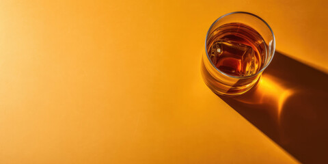 Top view of glowing glass of whiskey or scotch with long shadow on yellow background. Free space for advertising text of alcoholic beverages. - obrazy, fototapety, plakaty