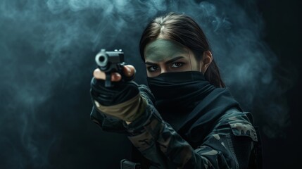 Portrait of a female police officer holding a gun