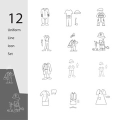 12 uniform line icon set contain firefighter, farmer, mechanic, soldier, postman, plumber, doctor, nurse