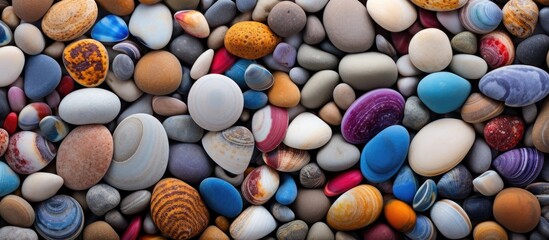 Fototapeta na wymiar Texture of colorful sea pebbles with shell